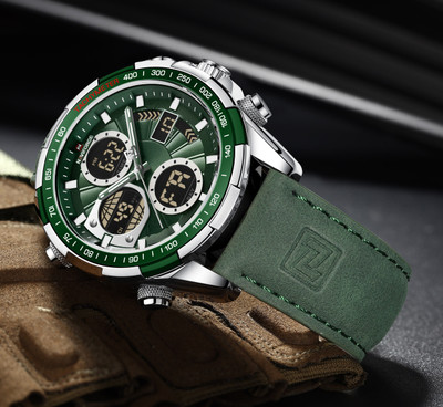 NAVIFORCE 9197 Stylish green leather strap with multifunctional waterproof stylish watch Analog-Digital Watch  - For Men