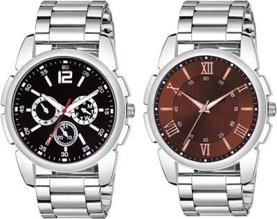 Axyela Silver Steel Chain Strap Black-Brown Dial Combo Pack Of 2 Analog Watch  - For Men