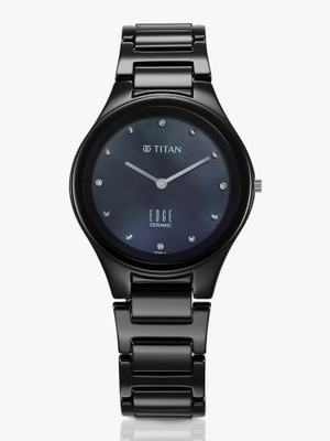 Titan Edge Ceramic Quartz in Glossy Black with Diamonds and Rich Mother of Pearl Dial Analog Watch  - For Women