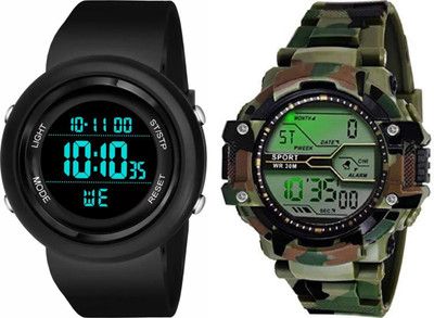 TERIZLA S-Shock Shock And Sport Digital Watches Combo Army & Black Color LED Light Digital Watch  - For Boys