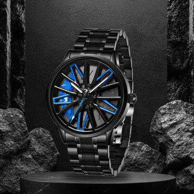 ABREXO Abx9981-All Black Watch Blue Dial Car Wheel Watch ABREXO Rotating Dial Analog Watch for Men | Stylish Car Wheel |Quartz Movement Analog Watch  - For Men