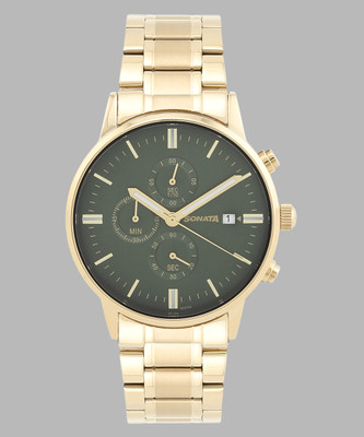 SONATA Sonata 2 Quartz Multifunction Green Dial Golden Stainless Steel Strap Analog Watch  - For Men