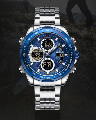 NAVIFORCE 9197 Silver color and blue dial day and date stunning Analog-Digital Watch  - For Men