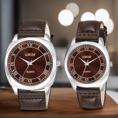 LOREM Combo Of Stylish Synthetic Leather Brown Dial Round Analog Watch  - For Couple