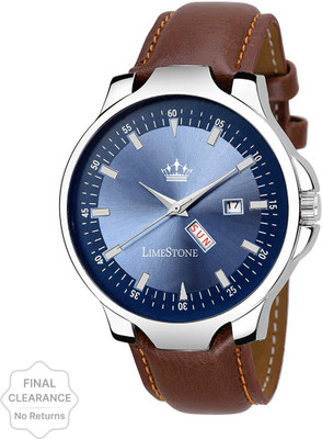 LIMESTONE Day-Date Functioning Blue-Tan Quartz Analog Watch  - For Men