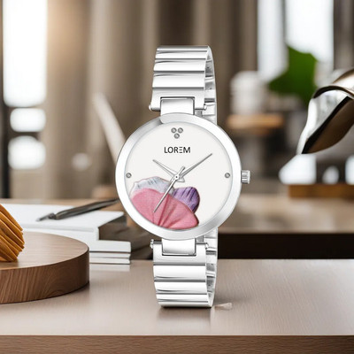 LOREM LR314 Flower Design White Designer Dial Silver Metal Strap Round Analog Watch  - For Women