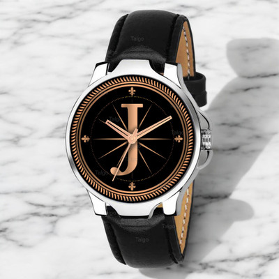Natrix ALPHA-J-3K-SIL-BLK-L Fancy Design Stylish ALPHABET J Dial Black Leather Strap Men Wrist Watch Analog Watch  - For Boys
