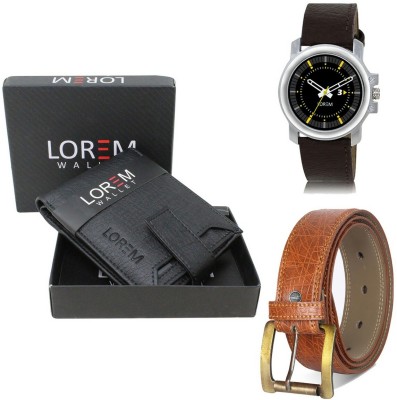 LOREM Men Combo Of Brown Watch-Black Arificial Leather Wallet & Black Belt Analog Watch  - For Men