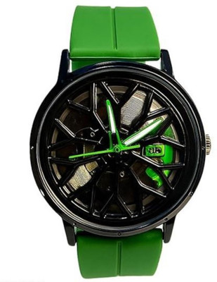 ABREXO All Black Green Dial Car Wheel Watch Silicon Strap Magnetic ABREXO Rotating Dial Analog Watch for Men | Stylish Car Wheel | Quartz Movement Analog Watch  - For Men