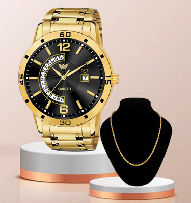 ABREXO Abx1228-BK GD Black Gold Date Working Watch With New Golden Chain Special Combo Pack For Boys Analog Watch  - For Men