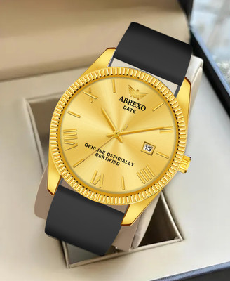 ABREXO Abx4210 Gold Dial Date Working Black Silicon Strap ABREXO Gold Dial Date Working Black Silicon Strap Quartz Mechanism Analog Watch  - For Men