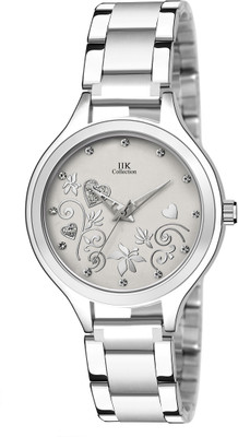 IIK Collection Fashionable Floral & Stone Studded Silver Round Dial with Silver Metallic Bracelet Strap Analog Watch  - For Women