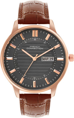 French Connection TEMPODUO Textured Grey Round Dial With Brown Leather Strap Watch Analog Watch  - For Men
