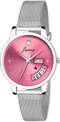 JAINX JW597 Pink Day & Date Function Dial Steel Mesh Chain Analog Watch  - For Women