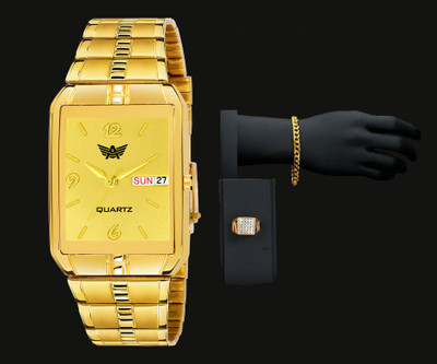 ABREXO Gold Dial Square Gold Watch + Gold Ring+ Gold Bracelet Special Combo For Boys Analog Watch  - For Men