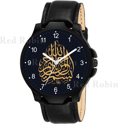 Talgo IW002-NUM-3K-BLK-L ISLAMIC Bismillah Design Round Dial Black Leather Strap Muslim Analog Watch  - For Men