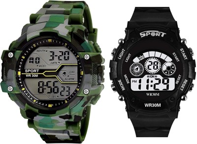 Flipstar Military Sport Full Black Dial PU Belt Digital 7-LED Light Alarm Digital Watch  - For Boys