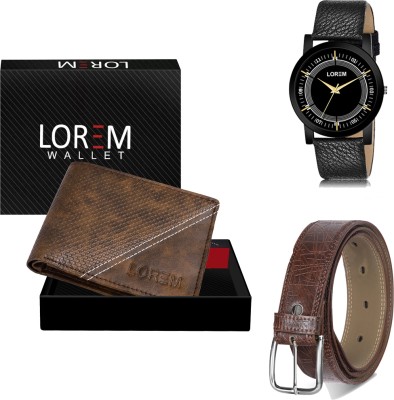 LOREM Men Combo Of Black Watch-Brown Arificial Leather Wallet & Brown Belt Analog Watch  - For Men
