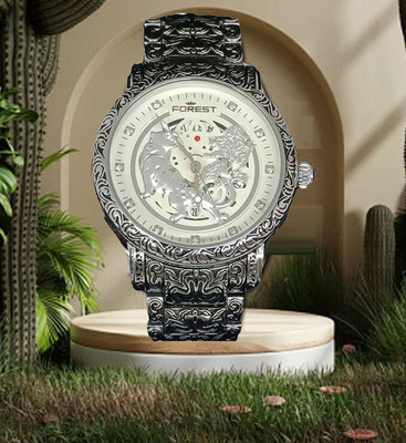 Quano Antique Gold Luxury Lion Curved Silver Dial Bracelet Analog Watch Men Wrist Watch Analog Watch  - For Men
