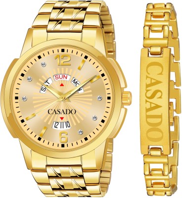 CASADO Branded | Gold Plated | Studded | 3D Cut Glass | Day and Date Branded Bracelet | Gold Plated | Studded | 3D Cut Glass | Day and Date Analog Watch  - For Men