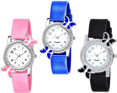 Praizy New Best Designer Combo Of 3 Pink Blue & Black Butterfly Designer Analog Watch  - For Girls