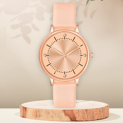 Wholfin WH-512 Elegant Peach Crystal Accents Dial Rose Gold Case with Leather Belt Analog Watch  - For Girls