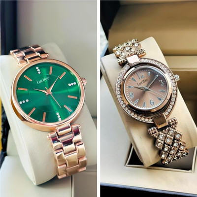 Lucifer DRW1 GREEN - DRW34 BROWN Premium Rose Gold Chain women watch combo Pack 2 Stylish Wrist Watch Analog Watch  - For Women