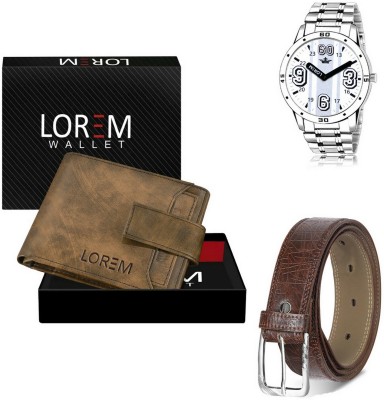 LOREM Belt, Wallet & Watch Combo(Brown, Brown, Silver)