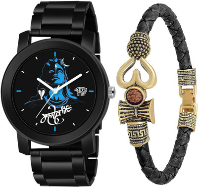 SWADESI STUFF Mahadev Watch with Bracelet Trishul Om Leather Combo Set Black Metal Analog Watch  - For Men