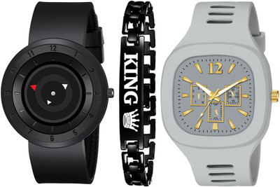 Blue Pearl Stylish Combo Of Black Silicone Strap & Grey Square Dial Watch & King Bracelet Analog Watch  - For Men