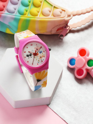 Ji And Ja JJ218 Ji and Ja Floral Theme – Pink Case with White Dial & Colorful Flower Strap Kids Analog Watch  - For Girls