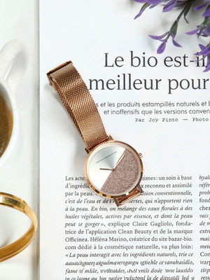 French Connection Women's Analog Rose Gold Watch | Silver Sunray Round Dial Analog Watch  - For Women