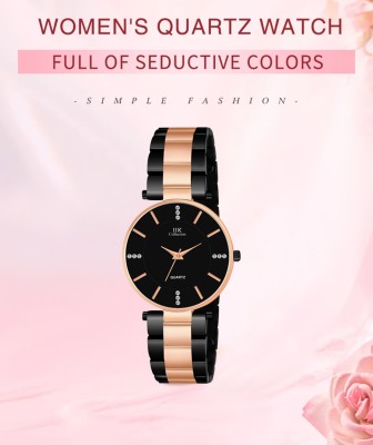 IIK Collection IIK-1087W Round Black Formal Studded Dial with Black and RoseGold Metal Bracelet Chain Analog Watch  - For Women