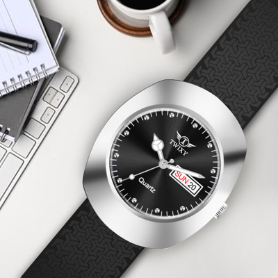 TWIXY TY-RD-1 BLACK TWIXY Day-Date Functioning Black Dial & High Quality Black Silicon Belt Analog Watch  - For Men