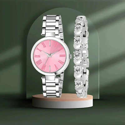 MAHAVIRA COLLECTION TTN PINK_WITH_SILVER BRACELET Professional Lady Pink Dial Metal Strap Silver Diamond Bracelet Analog Watch  - For Women