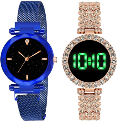 The Shopoholic Black Analog Digital Round Dial Magnetic Blue Coper Belt Analog-Digital Watch  - For Women