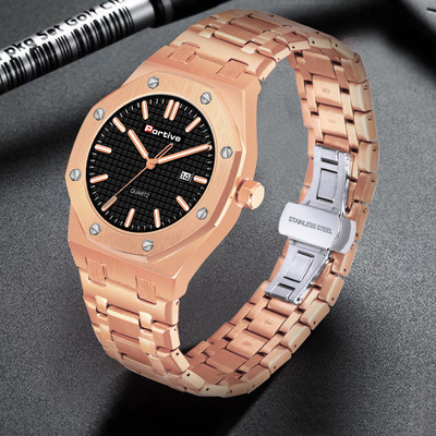 Portive AS ROSEGOLD TONE PLAIN STRAP WITH BLACK DATE DIAL QUARTZ WATCH Ashirwad Fashion Analog Watch  - For Men