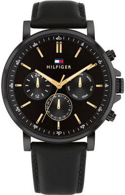 TOMMY HILFIGER s Multifuction Stainless Steel & Black Leather Strap Analog Watch  - For Men