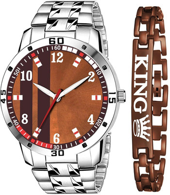 SHURAI Brown_watch_for_men_boys display time Black Dial Adjustable Stainless Steel Watch and King Bracelet Analog Watch  - For Men