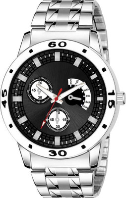KRUNESH ENTERPRISE Black Round Dial Sliver Strap Day & Date Watch Amazing Black Round Dial With Day & Date And Silver Chain Watch For Men And Boys Analog Watch  - For Men