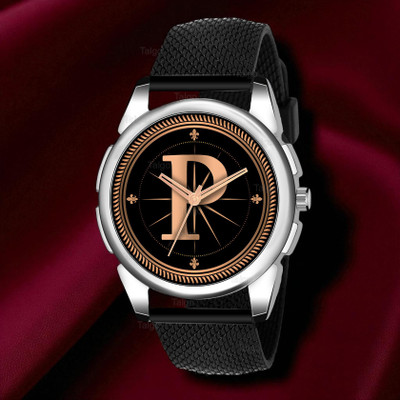 Krolexe ALPHA-P-J16-SIL-BLK-SFR Fancy Design Stylish ALPHABET P Dial Black Leather Strap Men Wrist Watch Analog Watch  - For Men