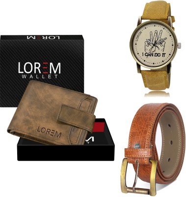 LOREM Belt, Wallet & Watch Combo(Brown, Orange, Yellow)