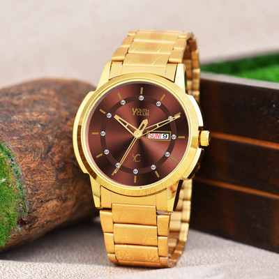 YOUTH CLUB GPDD-727 Day & Date Maroon Dial Metal Strap Quartz Analog Watch  - For Men
