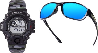 PIRASO PS-1015 GREY MILITARY & 1356 BLACK BLUE MERCURY Combo Black Dial& Grey Military Strap& Blue Sports Sunglasses for Men and Boys. Digital Watch  - For Men