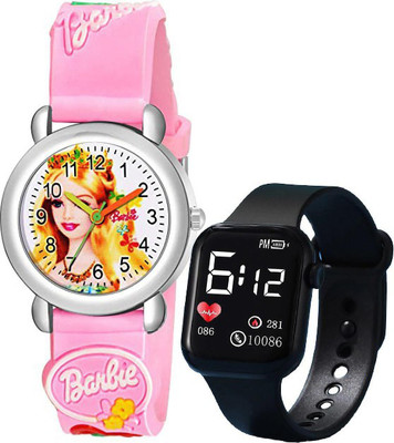 Zofix µSmile ¥B001N Beautiful Dial Pink Barbie Color & Black Square LED Heart 0086 PU Analog Watch  - For Women