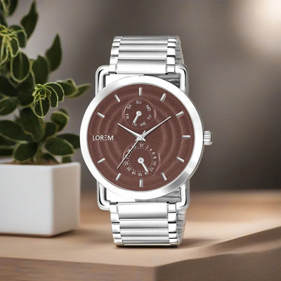 LOREM LR123 Men Watch With Brown 3D Embossed Dial Round Silver Stainless Steel Premium Analog Watch  - For Men