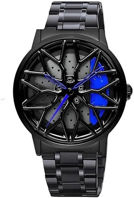 MOXIL Flower Style,Car Wheel Rim Design Watch, Black Stainless Steel Band Analog Watch  - For Men