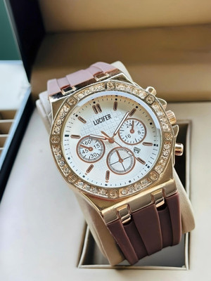 Lucifer DRM029 - BROWN Fashionable Rose gold Dial Diamond Date Display Watch - For Men Day n Date Series Men's premium Smooth Silicon Strap Day and Date Display Analog Watch  - For Men