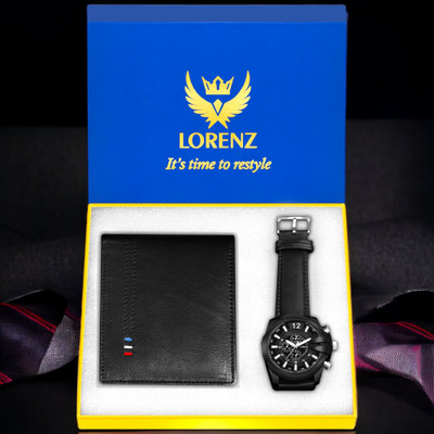 LORENZ CM-4014GL-01 Black Analog Watch & Hi-Quality Genuine Leather Wallet Analog Watch  - For Men