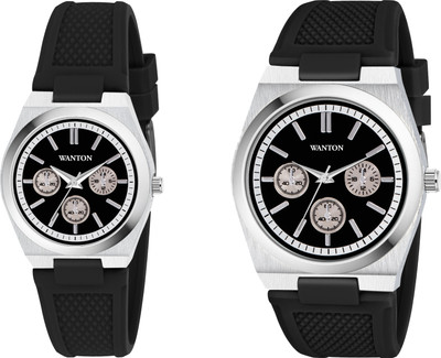 WANTON Modern Silver Case With Black Silicone Strap Analog Watch  - For Couple